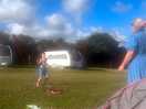 Playing badminton.