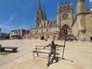 Plaza in front of cathedral. interesting statues all aound town