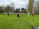 Playing badminton outside the caravan