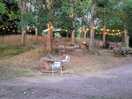 Little seating area by the coffee cart and pizza