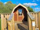 Our camping pod. a little wooden pod with a nice patio in front, trees in the background