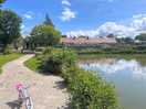 Fish pond with bar in background