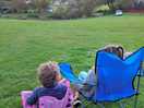 View in front of our tent, looking down the hill to the toilet block.