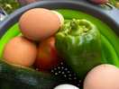 Fresh eggs, and produce picked from garden
