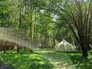 View of the exterior of one of the bell tents