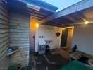 Toilet, shower and kitchen area