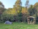 Cae ddel. camping pitch with a wooden hut.