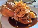 Sunday lunch - beef and chicken, yorkshire pud, roasties and curly parsnips