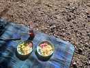 Eggs bacon and avocado cooked on a camping stove beautiful morning