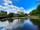 Wide lense photo of the swimming pond with camper spots in the background.