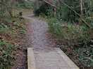 Wooden bridge leading to the wooded area from the onsite lodges