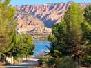 View of lake and badlands backdrop