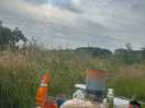 Breakfast time. this is the view behind our van, looking away from the camping field.