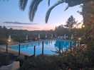 Pool area at sunset