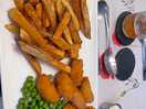 Scampi and chips with garden peas