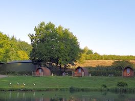 View of cabins across the lake