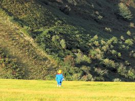 A boy looks out at the hills