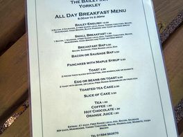 Pub breakfast menu. 15 minute walk from campsite