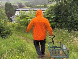 Borrowing the cart to get our gear up the hill