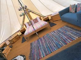 Inside the blue bell tent