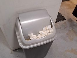 Overflowing bin in ladies bathroom