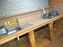 Washing up area, warm water and soap provided