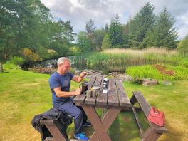 Breakfast 9n the picnic bench next to the pond
