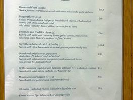 Menu at the pub