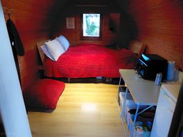 We left the bed up. moved around to accommodate microwave, air fryer and television. very cosy