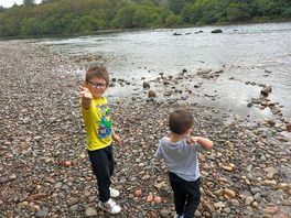 Children trying to skip stones across the water