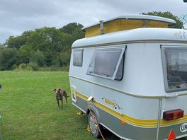 Yellow eriba caravan at la cour de la grange
