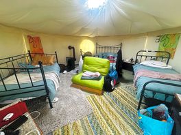 Inside our cozy yurt