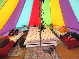Inside rainbow tent