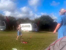Playing badminton.
