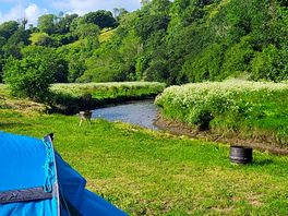 Pitched next to river