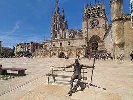 Plaza in front of cathedral. interesting statues all aound town