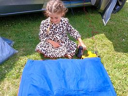 Helping to blow up air beds.