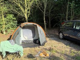 The pitch, this is a 3 man tent and plenty of room for the car.