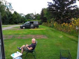 Spacious pitch with hedges providing shelter on windy days
