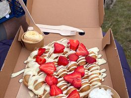 Waffles with white chocolate strawberries and ice cream