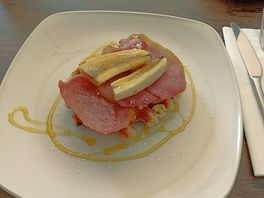 Bacon waffle with honey glazed banana.