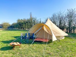 Exterior of bell tent and with awning