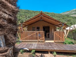 Tent backed by forested hills
