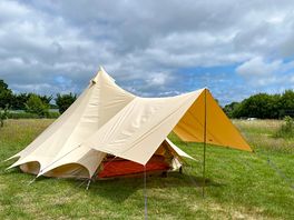 Bell tent in a hay meadow; among establishing nut trees.