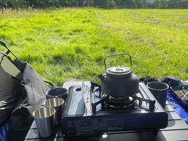 Time for a coffee break after setting up tent
