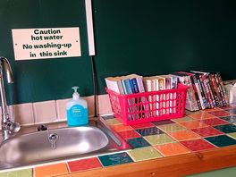 Washroom and loan library.