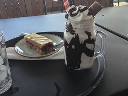 Delicious cake for me and milkshake for my little girl