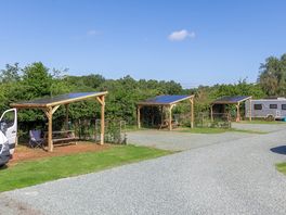 Pine Views fully-serviced grass and gravel touring pitches with bench