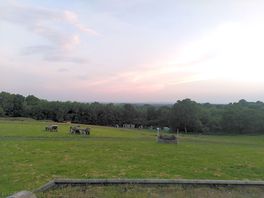 The view at sunset, looking down at the campsite and out to the south downs in the far distance.