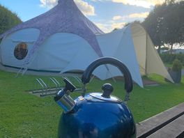 Small camping stove and gas supplied, with kettle, plates, glasses, bowls, cutlery and washingup kit